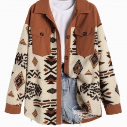 Women's Single Breasted Ethnic Style Aztec Geo Tribal Printed Cargo Pockets Fluffy Corduroy Panel Spliced Teddy Shirt Jacket Shacket