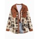 Women's Single Breasted Ethnic Style Aztec Geo Tribal Printed Cargo Pockets Fluffy Corduroy Panel Spliced Teddy Shirt Jacket Shacket