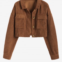 Women's Single Breasted Flap Pockets Corduroy Crop Shirt Jacket Shacket