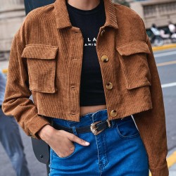 Women's Single Breasted Flap Pockets Corduroy Crop Shirt Jacket Shacket