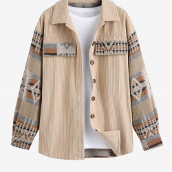 Women's Daily Ethnic Aztec Jacquard Drop Shoulder Turn Down Collar Flap Detail Button Up Shacket