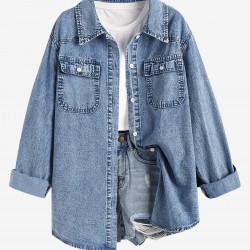 Women's Streetwear Acid Wash Pocket Button Up Curved Hem Long Sleeve Denim Shacket