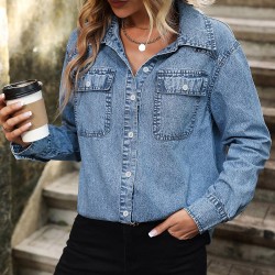 Women's Streetwear Acid Wash Pocket Button Up Curved Hem Long Sleeve Denim Shacket