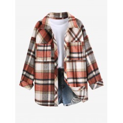 Women's Plaid Wool Blend Pocket Drop Shoulder Button Up Turn Down Collar Shacket