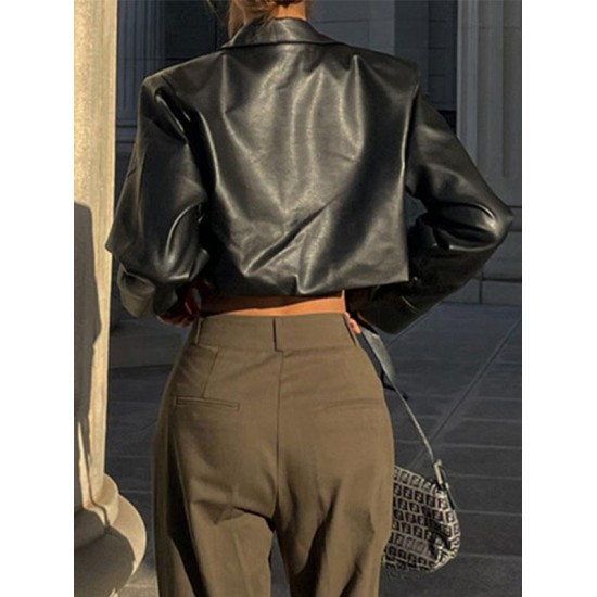 Women's PU Leather Mock Pocket Solid Color Going Out Streetwear Crop Shacket Jacket