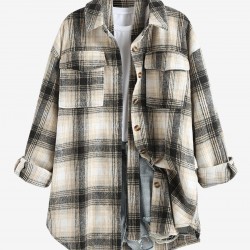 Women's Wool Blend Drop Shoulder Plaid Belted Button Up Pocket Longline Shacket