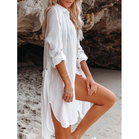 Women's Beach Vacation Bikini Cover Ups Striped Semi-sheer Button Up Raglan Long Roll Tab Sleeve Slit Side Belted Mini Shirt Dress