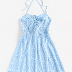 Floral Ribbed Cinched Tie Smocked Sun Dress