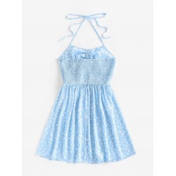 Floral Ribbed Cinched Tie Smocked Sun Dress