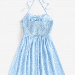 Floral Ribbed Cinched Tie Smocked Sun Dress