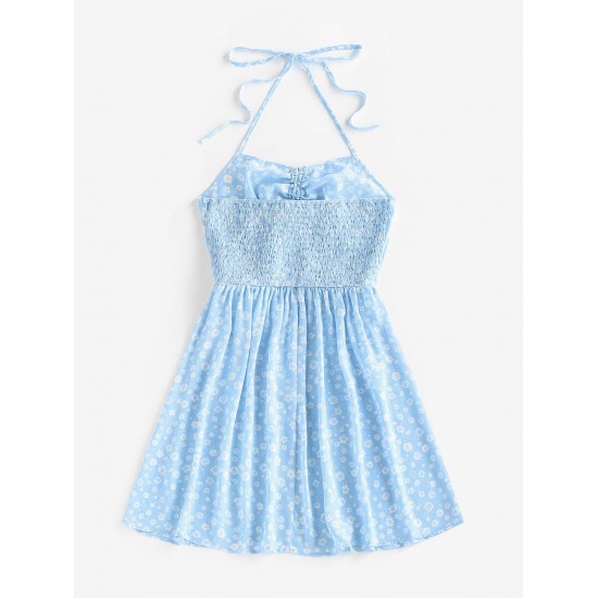 Floral Ribbed Cinched Tie Smocked Sun Dress