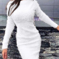 Fluffy Mohair Textured Long Sleeve Slinky Dress