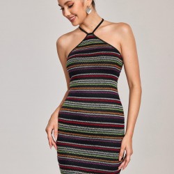 Open Back Halter Colorful Stripes Knit Slinky Mini Dress