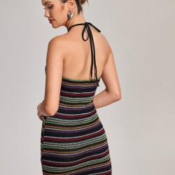 Open Back Halter Colorful Stripes Knit Slinky Mini Dress