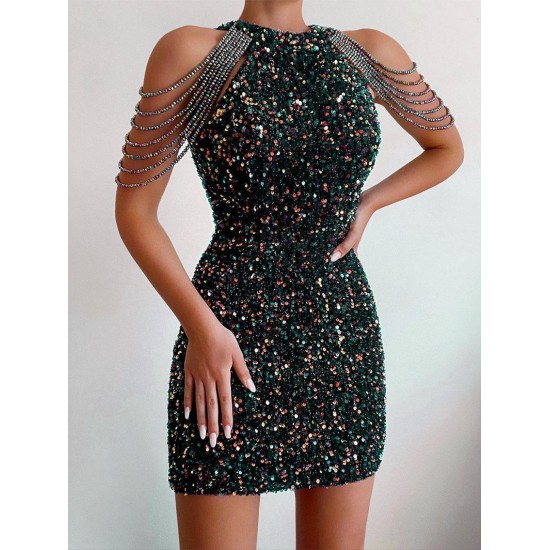 Sequined Chain Beads Bodycon Party Vegas Dress