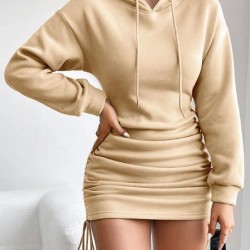 Women's Sexy Daily Hooded Drop Shoulder Long Sleeve Drawstring Cinched Ruched Solid Color Mini Bodycon Hoodie Dress