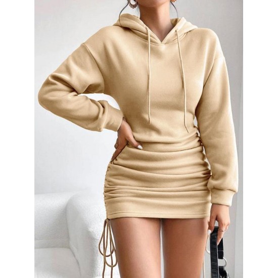 Women's Sexy Daily Hooded Drop Shoulder Long Sleeve Drawstring Cinched Ruched Solid Color Mini Bodycon Hoodie Dress