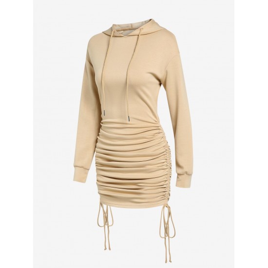 Women's Sexy Daily Hooded Drop Shoulder Long Sleeve Drawstring Cinched Ruched Solid Color Mini Bodycon Hoodie Dress