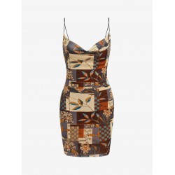 Patchwork Print Cowl Front Bungee Strap Bodycon Dress