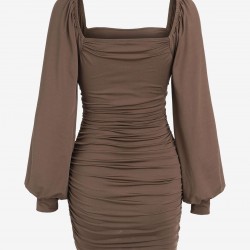 Lantern Sleeve Ruched Square Neck Bodycon Dress