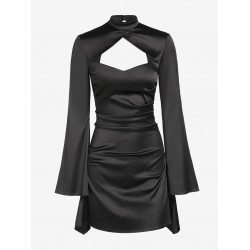 Women's Sexy Party Satin Mock Neck Cut Out Long Flare Sleeve Solid Color Ruched Mini Slinky Dress