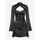 Women's Sexy Party Satin Mock Neck Cut Out Long Flare Sleeve Solid Color Ruched Mini Slinky Dress