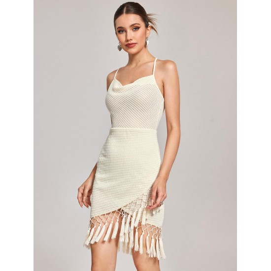 Crochet Semi Sheer Tassel Criss Cross Tulip Hem Vegas Dress