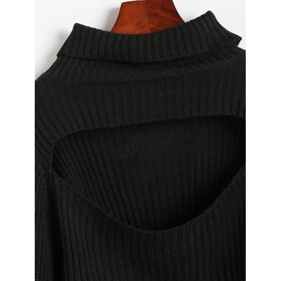 Women's Turtleneck Cut Out Lantern Sleeves Solid Color Chunky Pullover Sweater