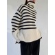 Women's Striped High Collar Drop Shoulder Wide Sleeve Slit Side Oversized Pullover Jumper Sweater