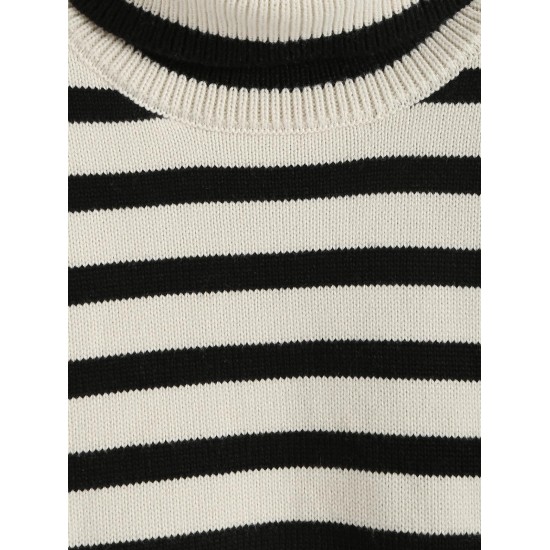 Women's Striped High Collar Drop Shoulder Wide Sleeve Slit Side Oversized Pullover Jumper Sweater