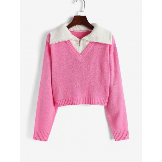 Quarter Zip Colorblock Cropped Sweater