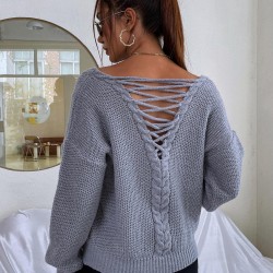 V Neck Lattice Back Cable Knit Sweater