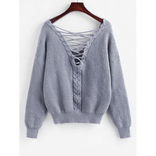 V Neck Lattice Back Cable Knit Sweater