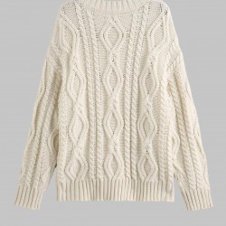 Women's Daily Solid Color Long Sleeve Drop Shoulder Loose Cable Knit Crew Neck  Pullover Jumper Fisherman Sweater