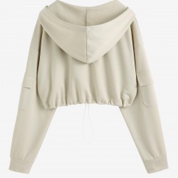 Women's Casual V Neck Pocket Design Drop Shoulder Solid Color Toggle Drawstring Cropped Hoodie