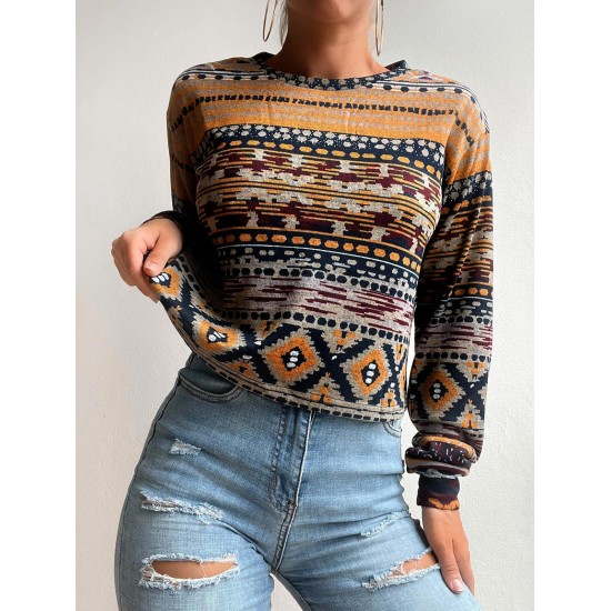 Drop Shoulder Ethnic Aztec Printed Sweatshirt