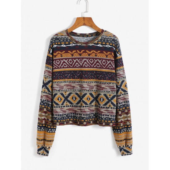 Drop Shoulder Ethnic Aztec Printed Sweatshirt