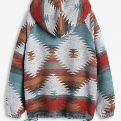 Women's Daily Ethnic Aztec Print Long Raglan Sleeve Kangaroo Pocket Quarter Zip Toggle Drawstring Hem Pullover Hoodie