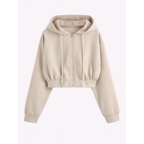 Women's Daily Solid Color Textured Drop Shoulder Drawstring Zip Front Hooded Crop Hoodie