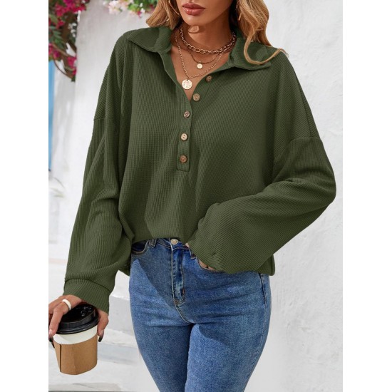 Women's Casual Solid Color Textured Half Buttoned Collared Long Sleeve Loose Drop Shoulder Sweatshirt