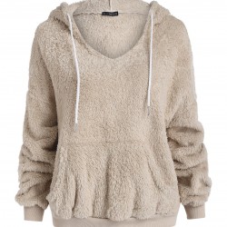 Faux Fur Fluffy Drop Shoulder Pocket Hoodie