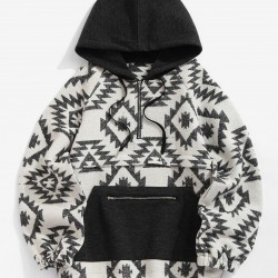 Women's Ethnic Style Tribal Geo Aztec Printed Quarter Zip Raglan Sleeve Front Pocket Wool Blend Loose Pullover Hoodie