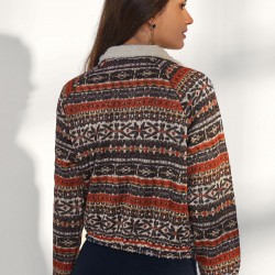 Tribal Ethnic Aztec Printed Faux Shearling Collar Quarter Zip Sweatshirt