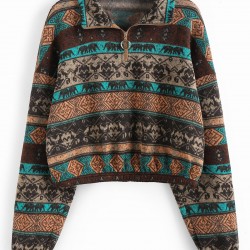 Ethnic Elephant Geo Print Drop Shoulder Quarter Zip Sweatshirt