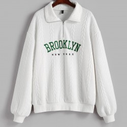 Women's Casual BROOKLYN NEW YORK Letter Embroidered Quarter Zip Cable Textured Pullover Sweatshirt