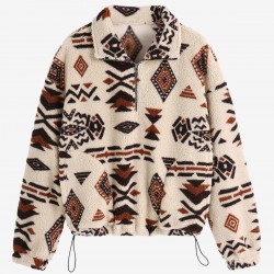 Women's Drop Shoulder Ethnic Aztec Tribal Geo Print Quarter Zip Toggle Drawstring Fluffy Teddy Sweatshirt