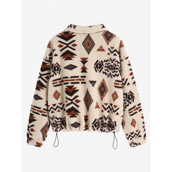 Women's Drop Shoulder Ethnic Aztec Tribal Geo Print Quarter Zip Toggle Drawstring Fluffy Teddy Sweatshirt