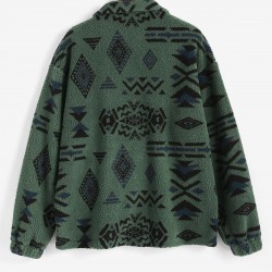 Front Pocket Fluffy Quarter Zip Ethnic Aztec Printed Sweatshirt